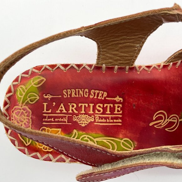 Spring Step L'ARTISTE Dinora Red Floral Wedge Stitched Imprinted Sandal  39/8.5 - Picture 8 of 11